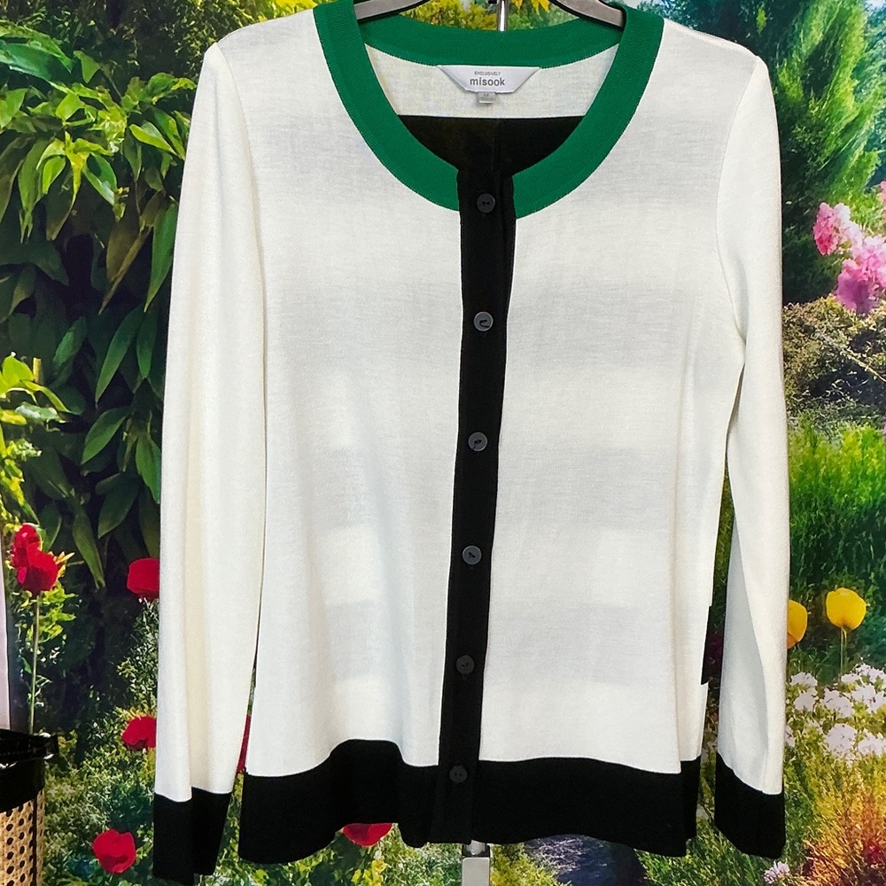 Misook Cream and Black Cardigan and Green Neckline #1314